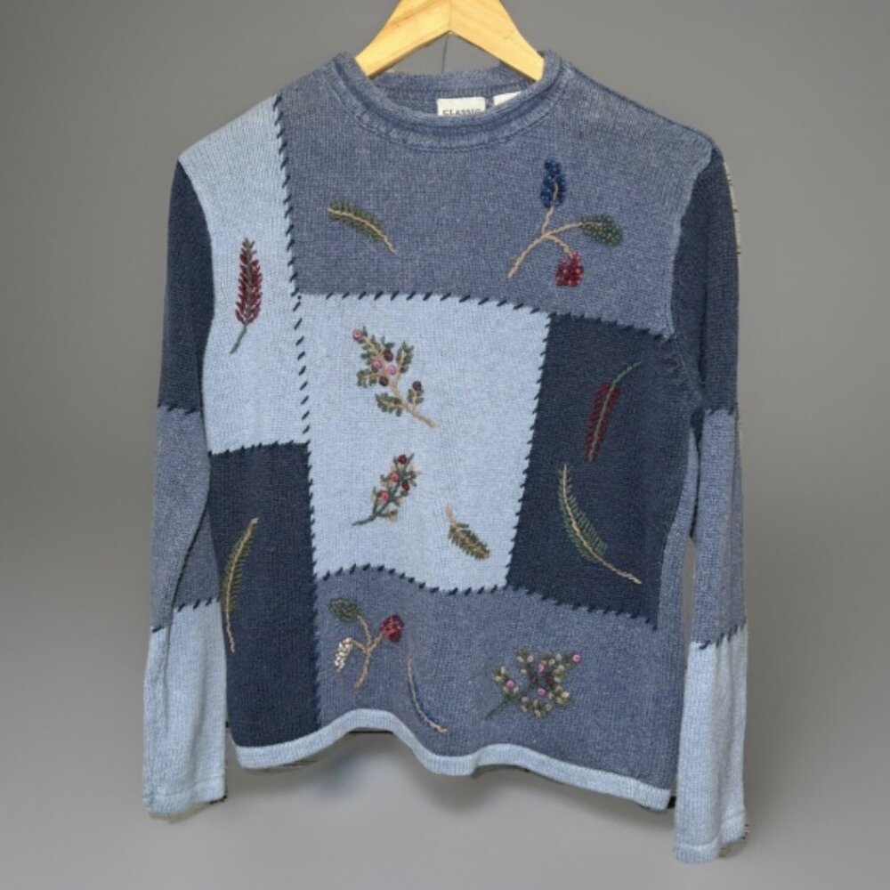 VTG Patchwork Embroidered Roll Neck Sweater Blue Classic Elements M Cottagecore